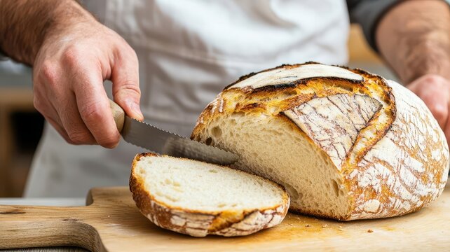 Baker slicing fresh sourdough bread for toasting, artisanal bread-making process, and rustic kitchen
