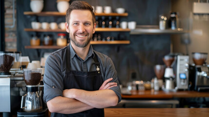 A handsome male barista in a black apron at the counter of a modern coffee shop with a smile on his face