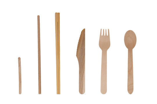 Eco-friendly wooden and bamboo cutlery set on a transparent background- Recycle concept