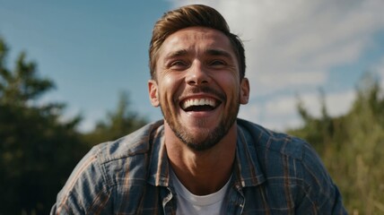 Low view man being extremely happy