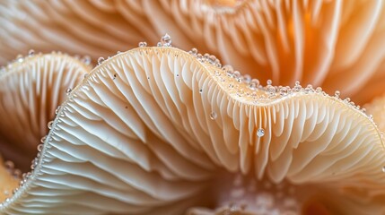 close-up of an elegant light orange mushroom cap with delicate water droplets on the gills,...