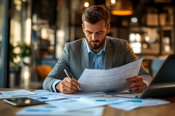 Confident Accountant Analyzing Financial Statements in a Contemporary Office Setting