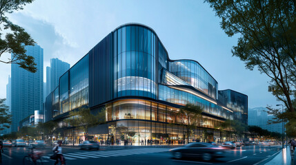 Modern Architectural Marvel in Urban Cityscape at Dusk With Traffic Flowing Nearby