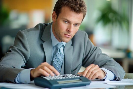 Focused Male Accountant Using Calculating Machine for Financial Accuracy