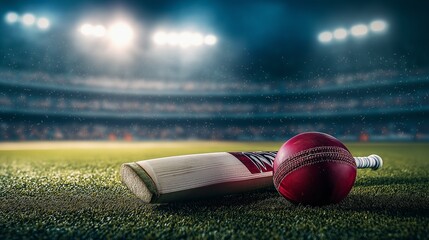 Cricket bat and ball on the field under stadium lights, perfect for e-commerce banners and sports ads.
