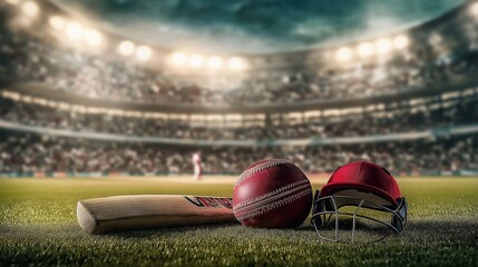 Cricket gear on the field with stadium lights, ideal for sports banners and advertisements.