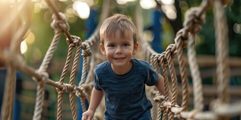 Happy little boy walking in rope bridge park. Ai generation