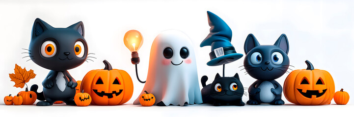 Cute Halloween characters, cats, ghosts, and pumpkins 