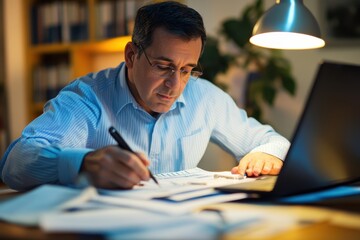 Dedicated Male Accountant Ensuring Precision in Late-night Financial Audit