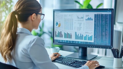 Female Business Analyst Analyzing Financial Data on Computer Screen in Office Environment