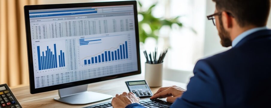 Male Financial Planner Analyzing Financial Projections with Accounting Software
