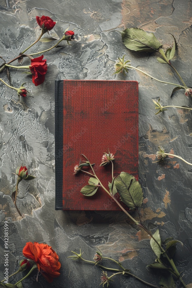 Poster A small red book sits on a table next to a bouquet of flowers, perfect for using in still life or study settings