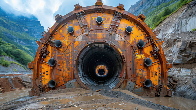 Tunnel Boring Machine in Mountainous Area. Tunnel boring machine set in a mountainous area, highlighting the machine's front section and the challenging terrain.