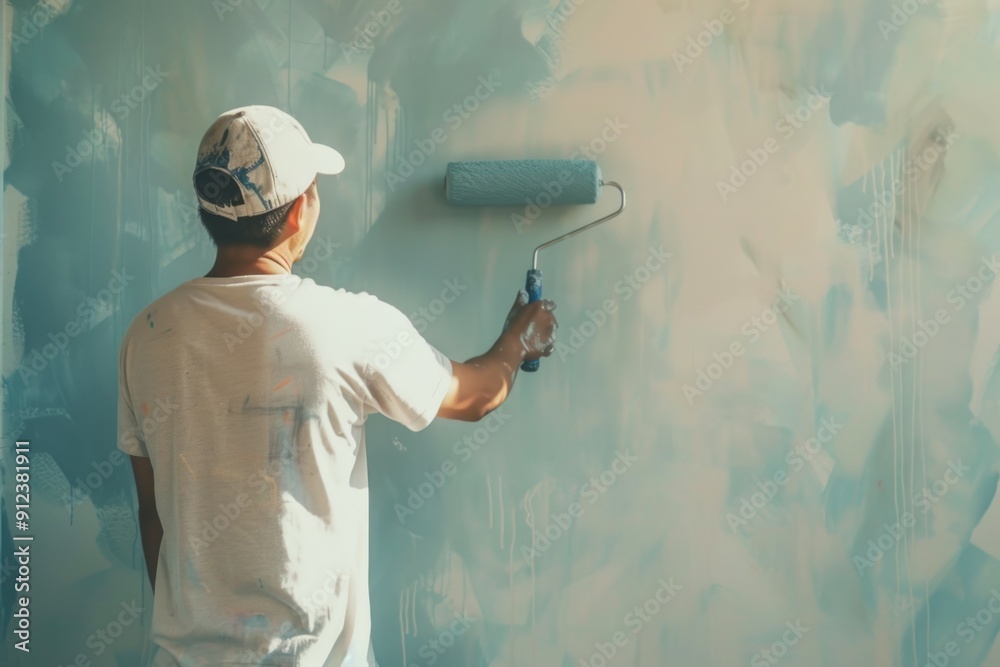 Poster a person painting a wall with a paint roller, one informative phrase about what pictured on image an