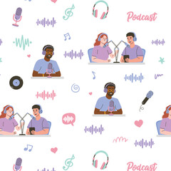 Podcasts. Podcast pattern, seamless texture, various microphones, mic, headset, speaker, headphones. Vector illustration.