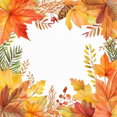 Fall season frame. Autumnal background with watercolor leaves and branches. Greeting card or invitation