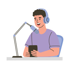 Young man in headphones speaking into microphone and using smartphone. Podcast, radio. Flat vector illustration.