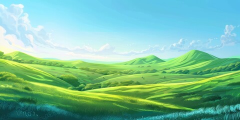 Illustration green fields green hills dawn landscape. The generation of AI.