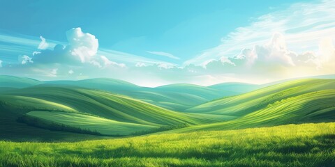 Obraz premium Illustration green fields green hills dawn landscape. The generation of AI.
