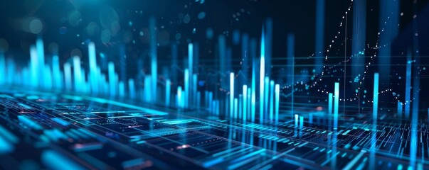 Abstract smartphone desktop background, digital bar charts and graphs, glowing in shades of blue, stock market investment trading chart displayed, glowing financial charts