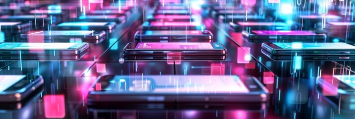 Abstract smartphone desktop background. futuristic digital background featuring glowing neon lights and metallic elements, shipping banner, holographic text, neon glow, digital marketing