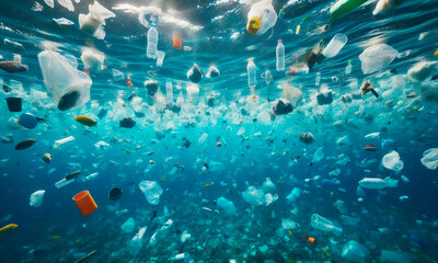 Fototapeta premium Plastic bags littering the ocean are floating in the under water. An underwater view floating trash