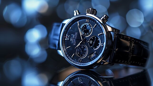 Luxury Wristwatch on Reflective Surface with Blue Highlights, modern watch black white grey with background for post banner