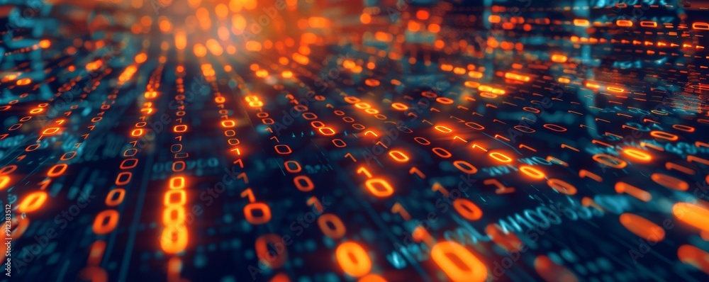 Fototapete Abstract smartphone desktop background, digital background with binary code and glowing lights, representing technology and data, Digital background of binary code, data flow and glowing lights