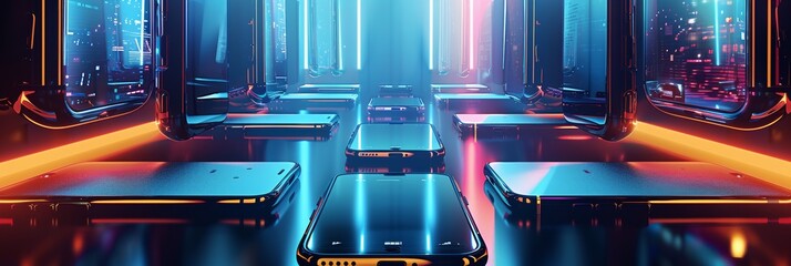 Abstract smartphone desktop background. futuristic digital background featuring glowing neon lights and metallic elements, shipping banner, holographic text, neon glow, digital marketing