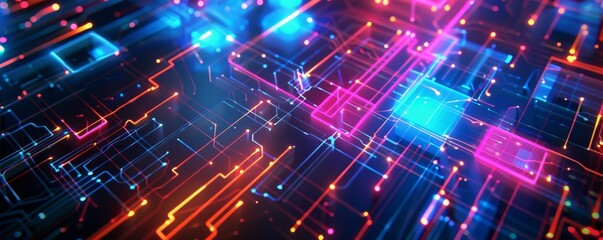 Abstract smartphone desktop background. Futuristic Technology Neon Pixel Grid Colorful Background Square Financial chart with glowing dots a circuit board background