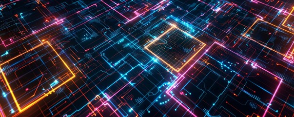 Obraz premium Abstract smartphone desktop background. Futuristic Technology Neon Pixel Grid Colorful Background Square Financial chart with glowing dots a circuit board background