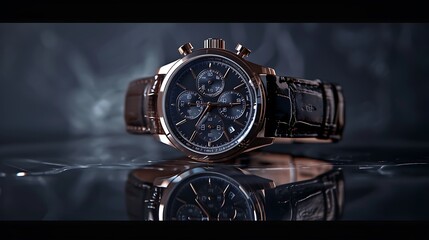 Luxury Wristwatch on Reflective Surface with Blue Highlights, modern watch black white grey with background for post banner