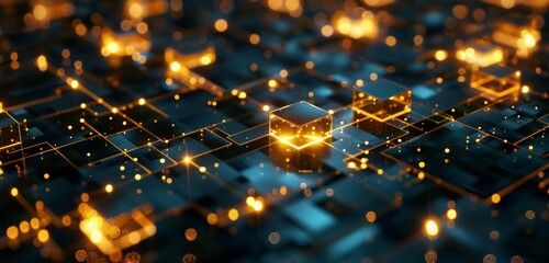 Abstract smartphone desktop background, glowing holographic cubes and lines, Network of Glowing Digital Cubes Represents a Complex Grid of Connected Cyber Data Blocks