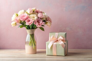 Obraz premium Elegant vase with fresh flowers and beautifully wrapped gift box on a soft, pastel-colored backdrop, featuring an empty copy space for female-centric celebrations and occasions.