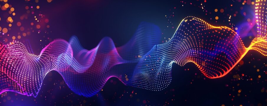 Abstract smartphone desktop background, glowing neon lights forming sound waves, vibrant neon wave lines in various colors, including blue, pink, and yellow, flowing