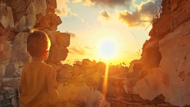 Boy watching sunrise through broken wall in deserted building