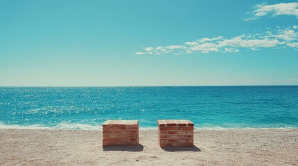 Fototapeta premium Red brick podiums decorated on sand beach,Empty space for design. Blue sea and blue sky for summer vacation concept,Summer mock up for design and product display concept.