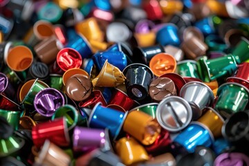 Used coffee machine capsules. Pile of mixed colorful coffee capsules. Recycling and waste sorting, waste, plastic issues, plastic and organic, landfill.