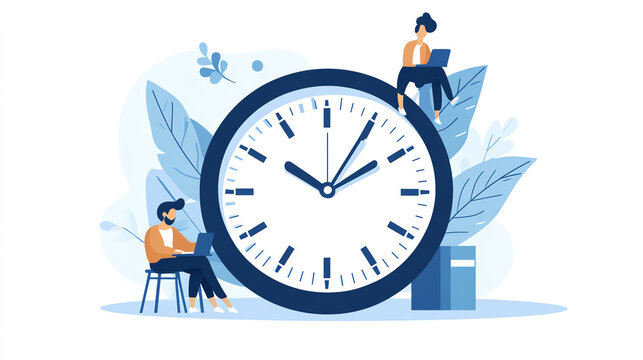 Illustration of people working around a large clock symbolizes time management, productivity, and efficiency in a modern office setting.