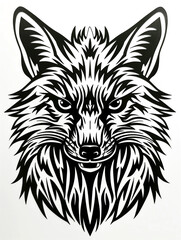 Naklejka premium A black and white drawing of a wolf's head. The wolf has a fierce look on its face and its fur is long and wild