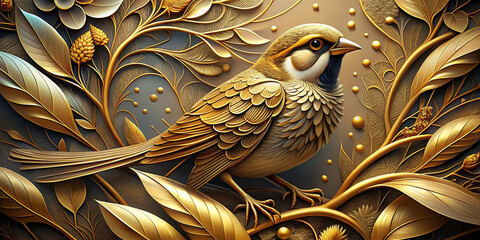 3d sparrow Wallpaper Background golden art for digital printing wallpaper, mural, custom design...