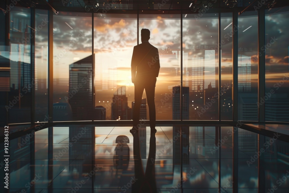 Poster a person stands in front of a large window, possibly looking out or contemplating