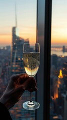 Obraz premium A hand holds a glass of sparkling beverage as the sun sets over the city skyline