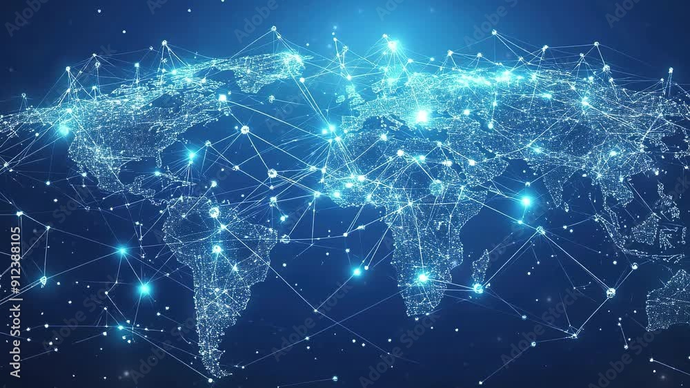 Wall mural abstract glowing global network with world map. global network connections. technology background. g