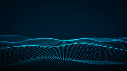 Blue digital wave on a blue background. tech, futuristic background. Lightweight, flowing, modern template. Cyber ​​horizon space concept. Glowing water flow. Darkened Turquoise background.