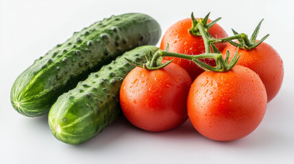 Tomatoes and cucumbers on a white background.