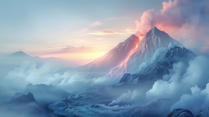 A mountain with a volcano on top and a cloud of smoke coming out of it