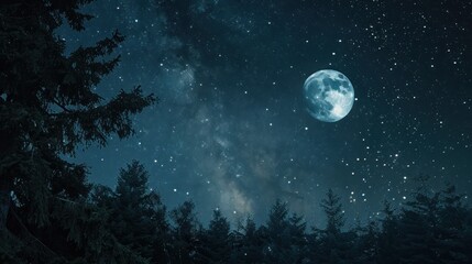 Naklejka premium Beautiful large moon is shining brightly in the night sky