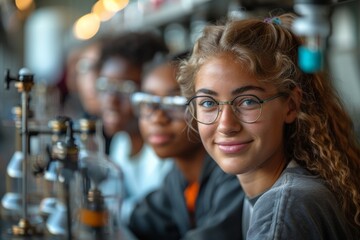 Young people of various ethnicities working together in a science lab