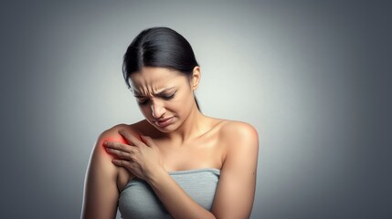 An Indian woman with shoulder pain isolated on a gray background, showing discomfort, possible injury